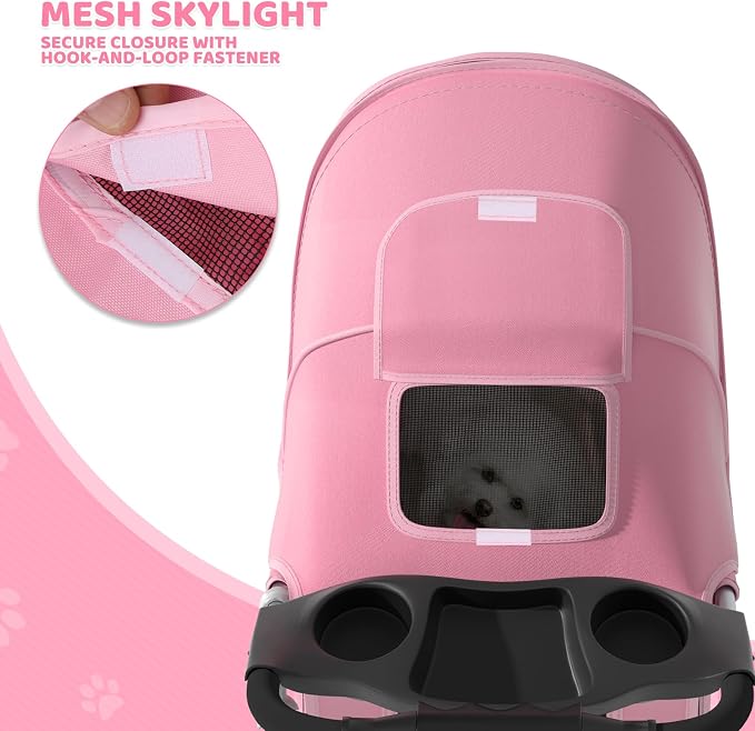 Magshion 3-Wheel Pet Stroller for Small/Medium Dog Cat, Up to 33lbs, Pink | Foldable Travel Jogger w/ Breathable Mesh Cover, Lightweight Design, Safety Tethers, Cup Holder & Storage Basket