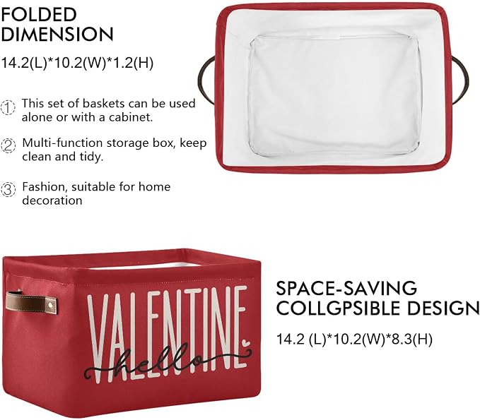 Happy Valentine's Day Red Storage Basket with Waterproof Liner and PU Handles Hello Valentine Love Gift Storage Bins Boxes 14.2" Collapsible Decorative Organizer Baskets for Bedroom Closet 1 Pack