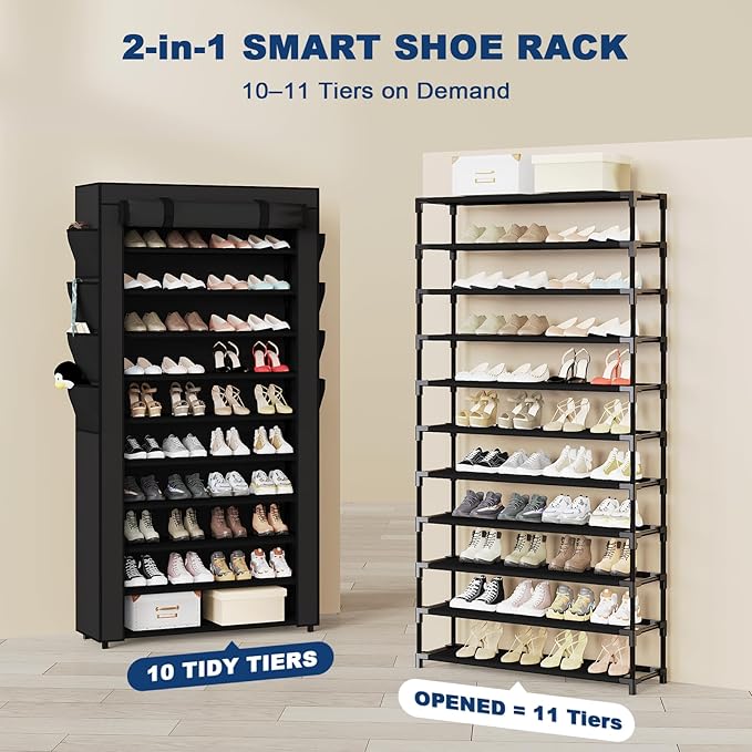 Mavivegue Shoe Rack with Cover, 10+1 Tier Tall Shoe Storage | for 50-55 Pairs of Shoes, Shoe Organizer for Entryway, Closet