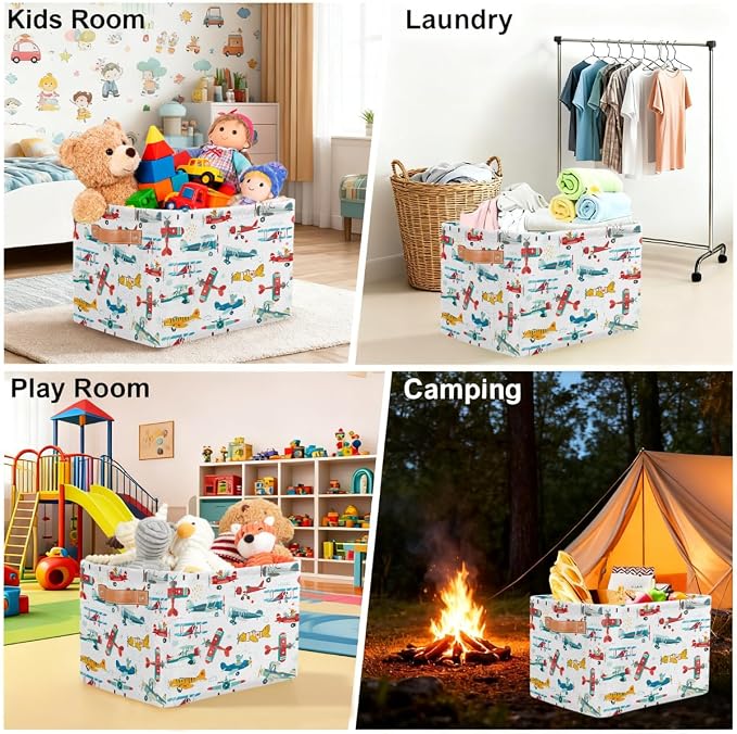 Pardick Storage Baskets Bin, Cute Cartoon Airplane Collapsible Canvas Fabric Storage Bin Decorative Baskets Toy Organizer Rectangle Storage Boxes with handles for Home Shelves Nursery,1Pack,C-05