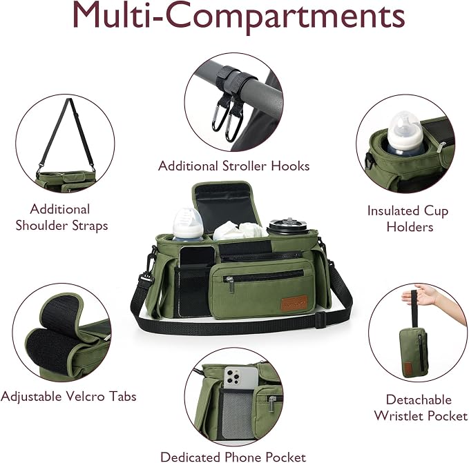 Momcozy Universal Stroller Organizer with Insulated Cup Holder | Detachable Phone Bag and Shoulder Strap, Fits for Uppababy, Baby Jogger, Britax, BOB, Umbrella, and Pet Strollers