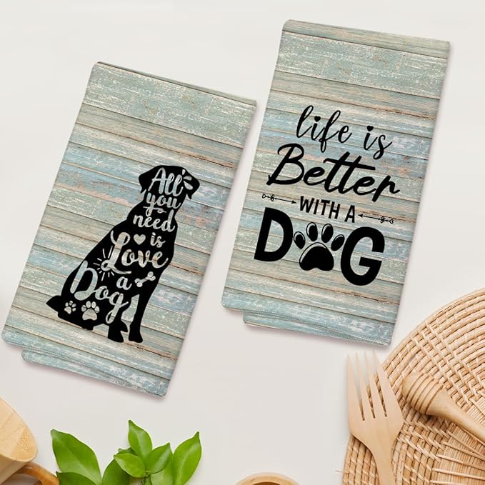 Life is Better with A Dog Kitchen Towels and Dishcloths Set of 2, Funny Decorative Hand Towel Drying Cloth for Bathroom, Gifts for Dog Lovers, Hostess, Women, 16x24 Inches -08