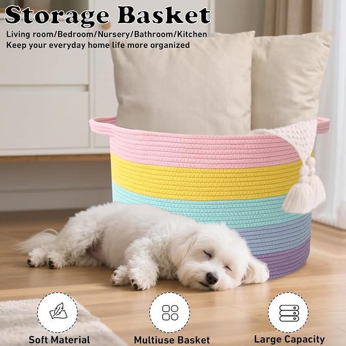 115L Large Blanket Basket,Rope Woven Laundry Basket-Colorful | Collapsible, reinforced handles, nursery storage bin organizes clothes, toys and pillows for living room, bedroom bathroom