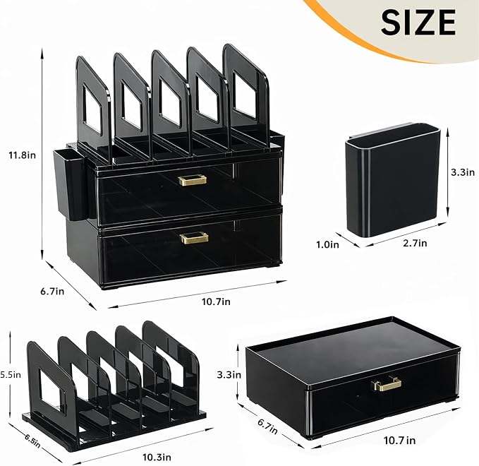CiWiVOKi Desk Organizer with 4 File Slots and 2 Drawers, Black | File organizer with dual pen holders and storage compartments for mail, documents and office supplies