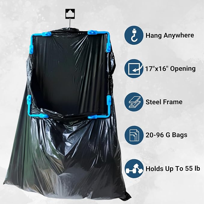 Portable Trash Bag Holder Stand For 20-33+ Gallon Liners. 16x17in Hanging Stand for Waste or Storage & Organization. Garbage can For Home Recycling Camping Picnic Party Boat Car RV or Leaf Collector