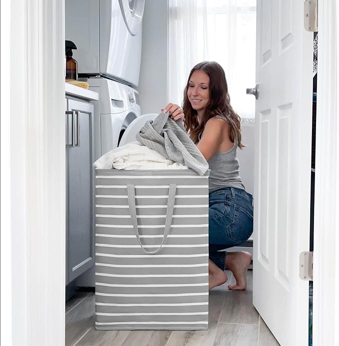Goodpick Laundry Hamper Large 3-Pack Collapsible Laundry Baskets Tall Dirty Clothes Hampers for Laundry Toy Storage Towel Blanket Baskets for Organizing in Bathroom, Bedroom, Dorm, 75L, Grey & White