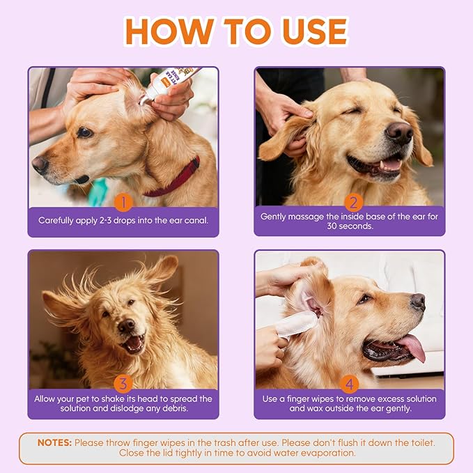 Pjordo Pet Ear Cleaner Kit - Dog Ear Cleaner with Aloe Vera & Witch Hazel, Dog & Cat Ear Cleaner Solution for Soothing Ear Itching & Deodorize, Ear Wipes for Dogs & Cat Gently Removing Ear Wax & Dirt