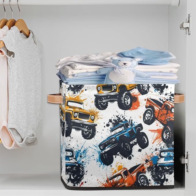 Monster Truck Car Cube Storage Bin, 13 Inch Collapsible Fabric Storage Cubes Bin, Foldable Cube Baskets for Shelf, Closet, Organizer