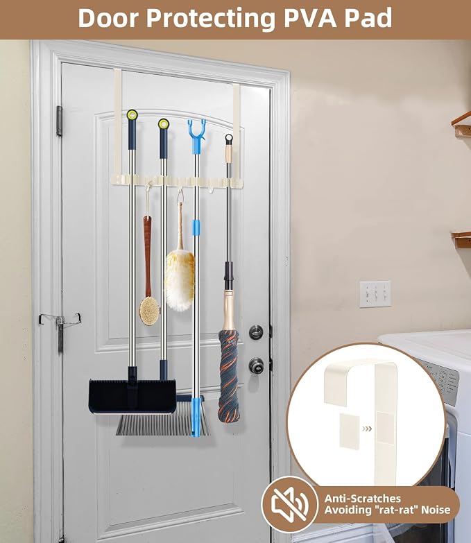 Broom Holder Over The Door with Hooks -304 Stainless Steel (light beige) | Save Space, Anti-Rust & Sturdy, Mop and Broom Holder Wall Mounted or Hanging Over The Door, for Garage Laundry Kitchen