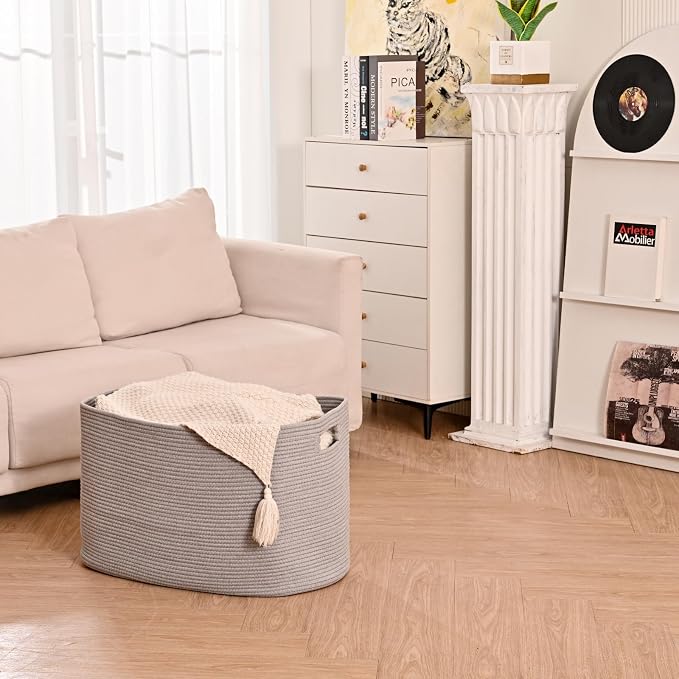 ICERZCZ Large Grey Storage Basket, Blanket Baskets for Living Room, Large Toy Basket for Storage, Woven Cotton Rope Baskets for Blankets, Clothes, Shoes, Books, Grey, 25”x16”x16” (105L)