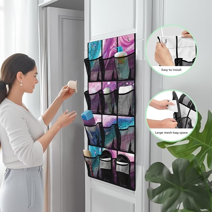 Marble Pattern Shoe Organizer Door Hanger,Storage for Small Spaces,Over the Door Shoe Organizer with 12 Mesh Large Pockets