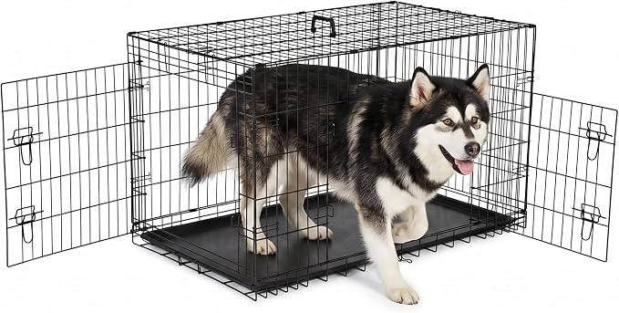 Large Dog Crate with Double Door, 48 Inch Folding Metal Wire Kennel Cage | Collapsible Metal Kennel for Puppies, Medium to Large Dogs, Removable Tray and Foldable for Easy Storage