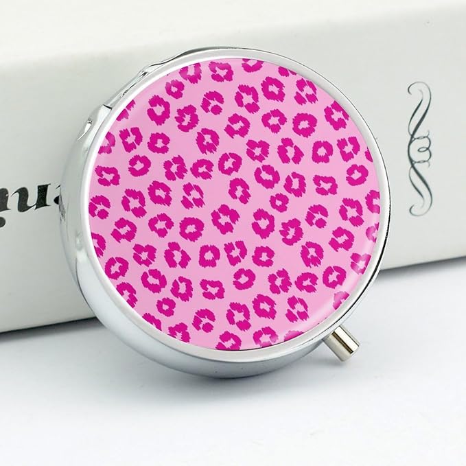 Travel Pill Container, Pink Leopard Print Round Metal Organizer, 3-Section Case for Medicine, Pocket Purse Dispenser for Business Travel