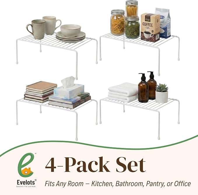 Evelots Wire Shelf Organizer Set, Metal Cabinet Shelf Risers, 4-Pack, White | 4-Pack rustproof metal wire shelf organizers create extra storage space in kitchen cabinets, pantries, freezers and bathrooms