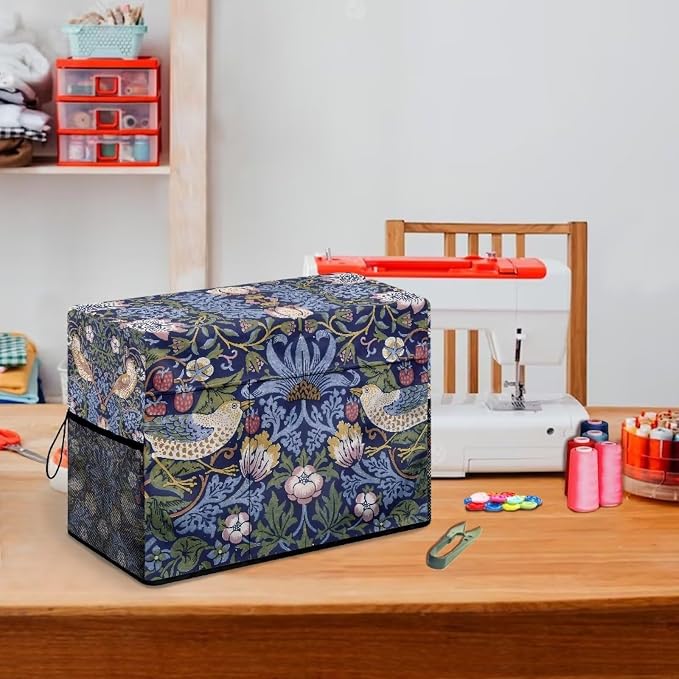 William Morris Strawberry Thief Sewing Machine Cover: Dust - Resistant, Mesh Storage Pockets, Fits Most Standard Machines,17.7 x 8.6 x 12.5 inches(Blue)