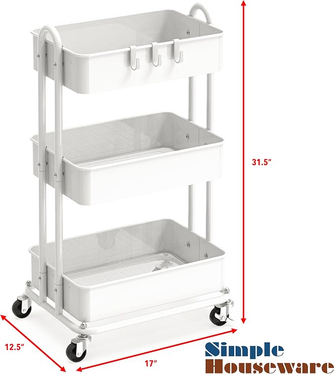Simple Houseware 3-Tier Heavy Duty Metal Utility Rolling Cart, White