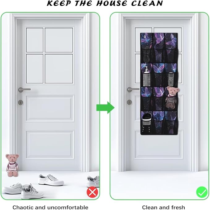 Shoe Organizer Door Hanger,Dreamy Butterfly Design Storage for Small Spaces,Over the Door Shoe Organizer with 12 Mesh Large Pockets Waterproof Reusable