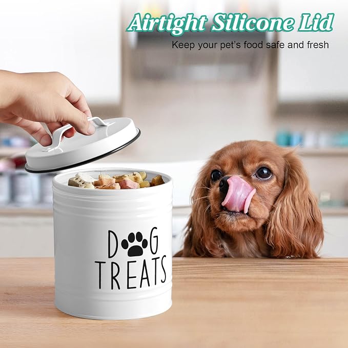 OUTNILI Large Dog Treat Container Airtight - 6.6" Tall X 6" Round White Dog Treat Jar for Kitchen Counter - Rustic Treat Storage Canister for Dogs, Cats, Small Animals - Gifts for Pet Owners