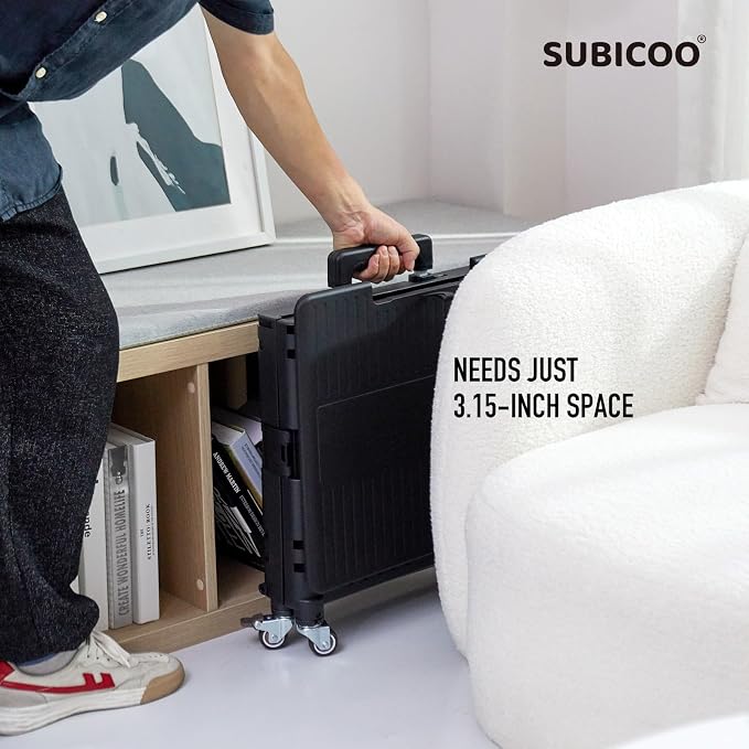 SUBICOO Folding Utility Cart Portable Rolling Crate Handcart Shopping Trolley Collapsible Tool Box, with Lid, on 4 Rotate Wheels, for Grocery, Shopping, Office, Teacher, Camp(Black)