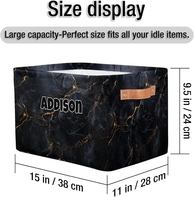 Custom Name Storage Bin, Personalized Rectangular Storage Basket with Handles for Organizing Boys Girls Toys Office Closet Shelf Baskets Dark Black Marble Texture with Golden Line