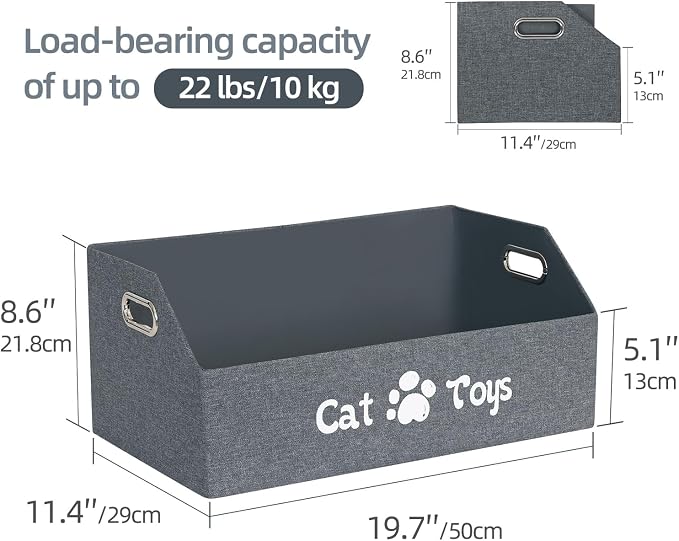 Cat Toy Basket, Kitten Toys Storage Organizer Foldable Fabric Bin Pet Supplies Chest Holder Trapezoid Container with Metal Handles for Organizing Cats Clothes Accessories, Deep Gray