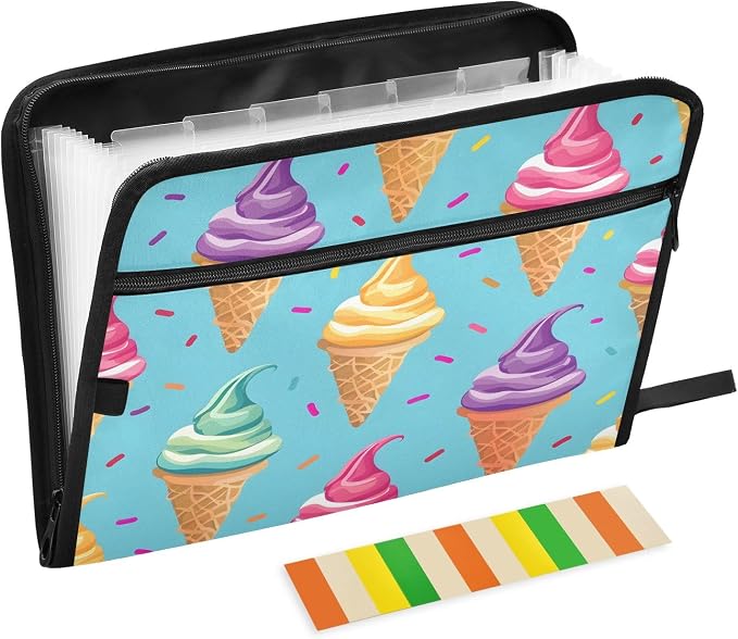 Ice Cream File Organizer 13 Pocket Expanding File Folder with Front Pouch Portable Business Fire Storage Document Organizer Folder with Zipper
