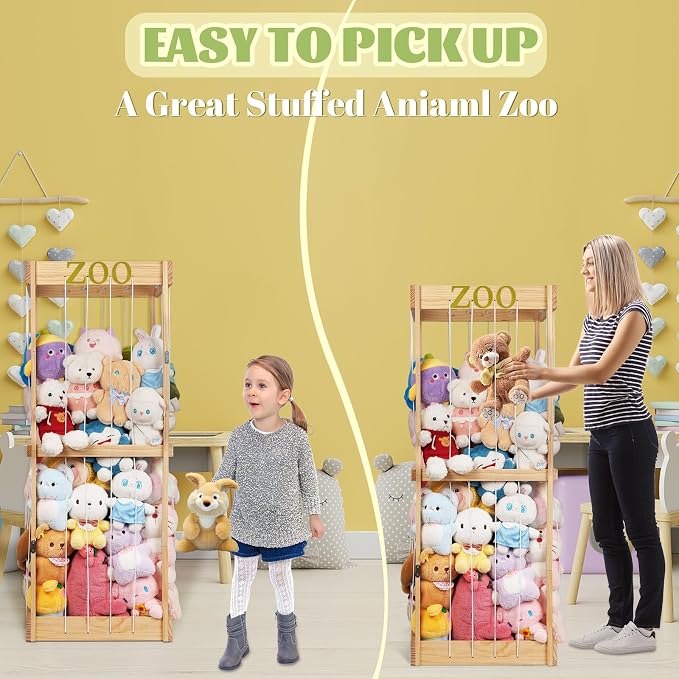 Trycooling Wood Stuffed Animal Zoo Stuffed Animal Storage, Wood | Plushie Storage, Stuffed Animals Zoo Storage Cage with Zoo Pattern Elastic Band for Nursery Play Room Bedroom
