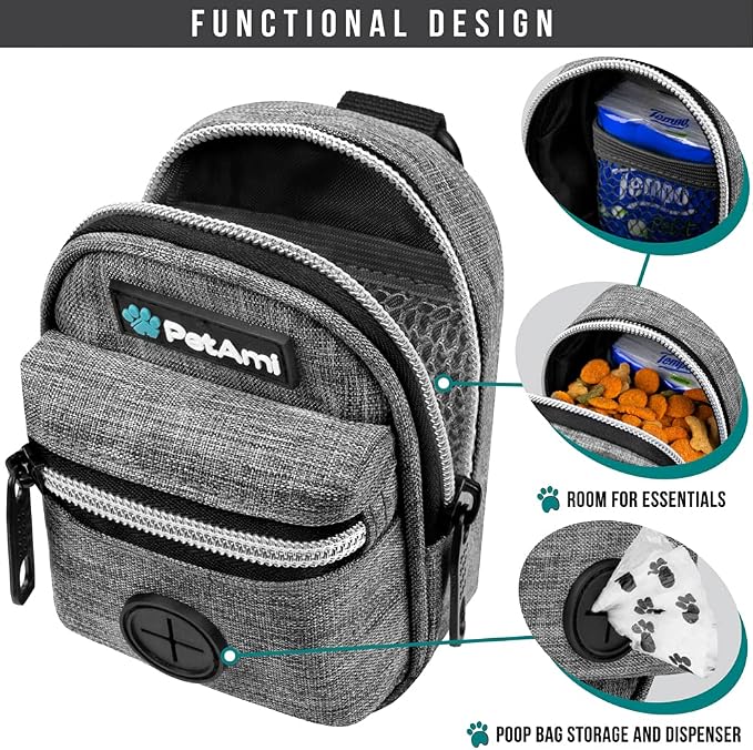 PetAmi Dog Poop Bag Holder for Leash, Waste Bag Dispenser Pet Pouch, Grey | Doggy Puppy Walking Accessories Travel Camping, Dog Treat Pouch Supplies Must Have, Doggie Poo, Jogging, Walks