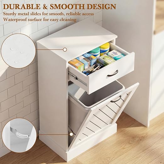 njnj 13 Gallons White Tilt Out Trash Cabinet, Kitchen Hidden Trash Bin Cabinet Wood Garbage Recycling Cabinet with Hideaway Drawer, Pet Proof Freestanding Trash Bin for Kitchen Living Room
