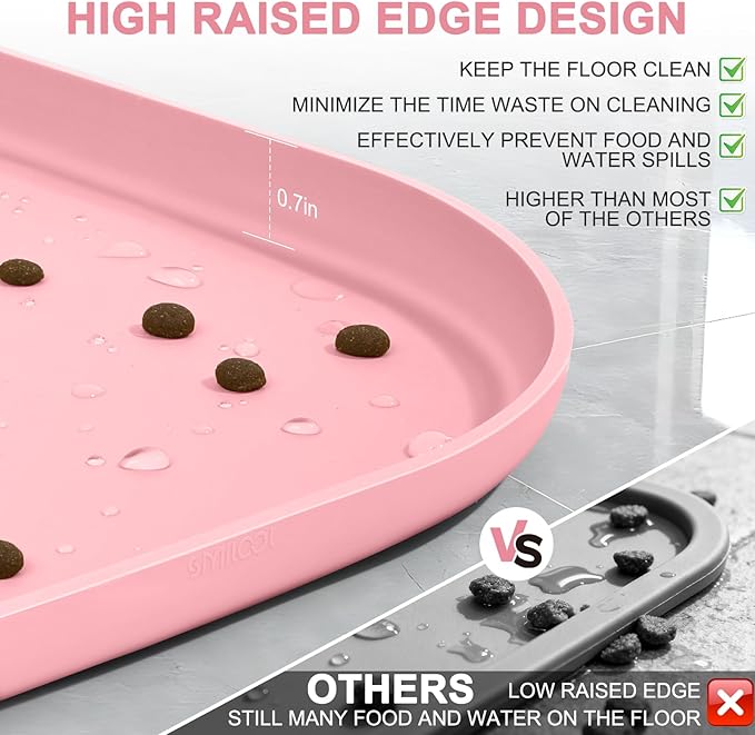 Smilool Small Silicone Pet Food Mat with Raised Edge for Food and Water Bowl, Square Dog Feeding Mats, Cat Food Trays for Floor Waterproof, Rubber Tray for Dogs and Cats, 12 x 12 x 0.7 Sakura Pink