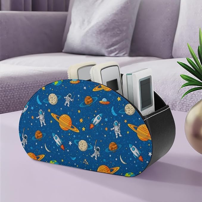 Pu Leather Remote Control Holder Space Astronaut Planets 5 Slot Caddy Box | Space Cute Astronaut Planets Blue Office Desktop Storage Organizer for Controller, Media Player, Stationery Supplies