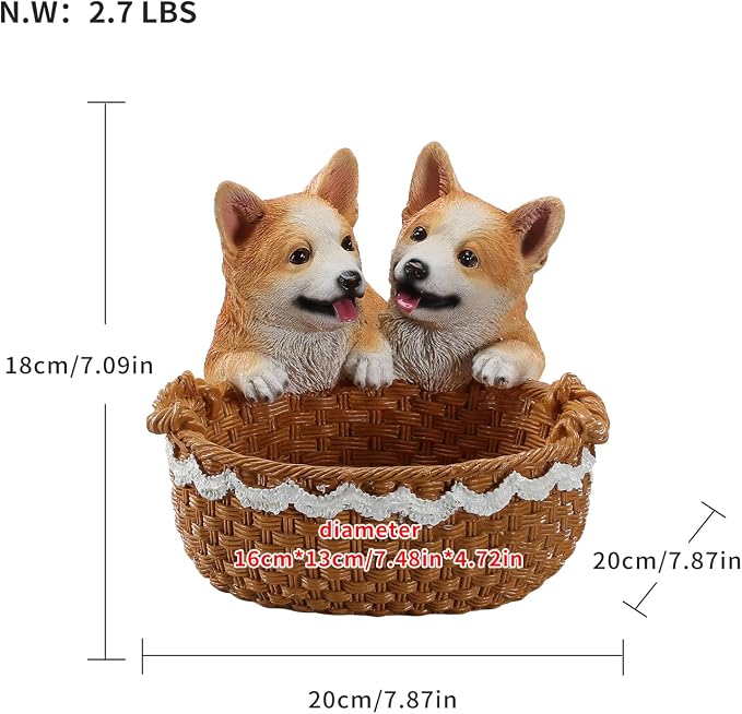 Resin Double Corgi Storage Basket, Decorative Catchall Tray for Keys & Candy, Desk Organizer Bowl for Home Office, Room Decor Accessories