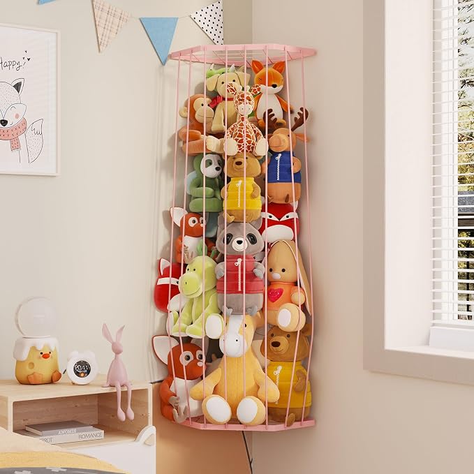 BBLlKE Stuffed Animal Storage Zoo - Corner Plush Toy Organizer Length Adjustable, Wall Hanging Stuffed Animal Net Holder for Nursery Playroom Bedroom Kids Room, Pink