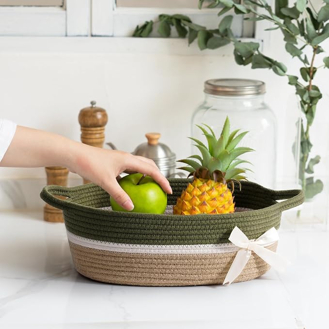 CHICVITA Small Woven Rope Gift Basket, Decorative Burr Basket, Green Brown | 13" x 10" x 5" Storage Baskets for Toys, Towels & Diapers, Fits Nursery & Home Christmas Decor, Built-In Handles, Bow Design