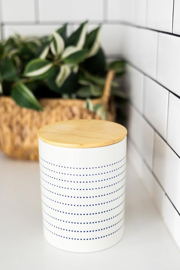 Pearhead Blue Dots Ceramic Dog Treat Jar with Airtight Wooden Lid | 4 Cup / 32 oz, Cute Pet Treat Canister Keeps Dog Snacks Fresh – Durable, Easy-to-Clean Design, Kitchen Counter Décor