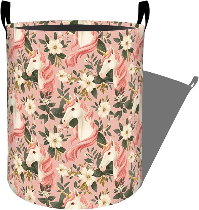 Magical Unicorn with Pink Floral Laundry Basket with Handles, 19.7"x15.7" Clothes Foldable Laundry Hamper Organizer for Dorm Nursery Bedroom Bathroom Decor, Toy Storage Bin for Kids