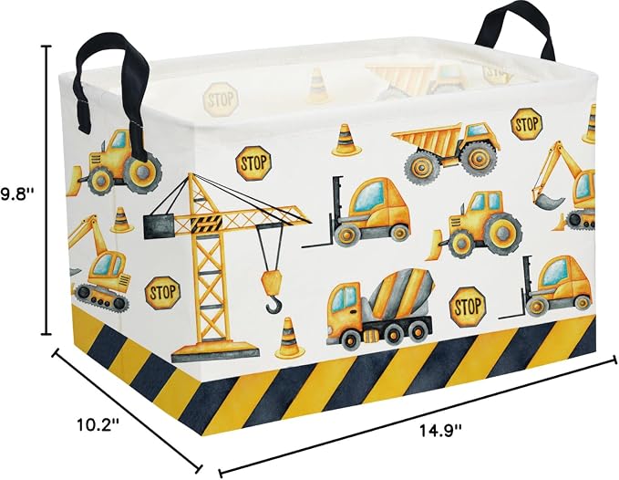 Essme Rectangular Kids Baskets,Car Storage Basket with Handles for Boys Room Decor,Vehicle Storage Bin（Engineering Vehicle）