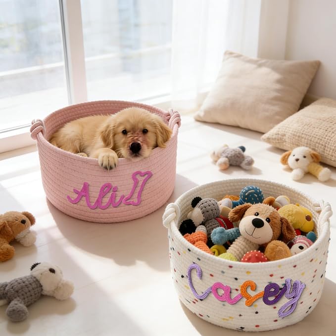 Personalized Dog Cat Toy Basket, Custom Cotton Rope Storage Basket with Name for Pet Supplies, Customized Puppy Kitten Organizer for Snacks, Toys, Blankets – Easter Birthday Gift for Pets