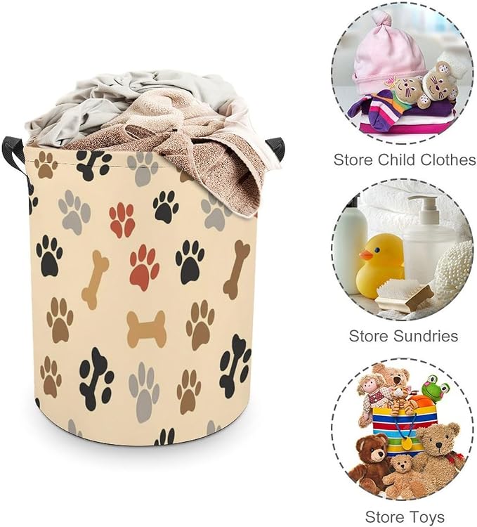 Large Capacity Foldable Hamper Dog Bone Paw Prints Cream, Waterproof Laundry Basket with Handles for Bedroom, Bathroom, and Clothes Storage