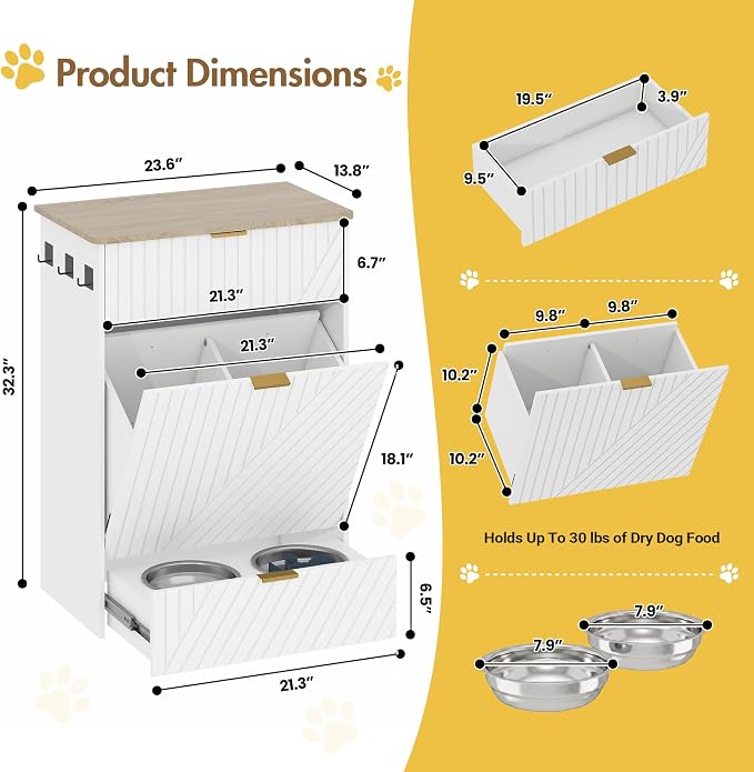 Dog Feeding Station Cabinet, Elevated Bowls with Slow Feeder Insert, White | Slow Feeder Insert, Large food bin, Removable Divider, 3 Side Hooks, Pull-Out Drawer, Easy to Clean for Small & Middle Dogs