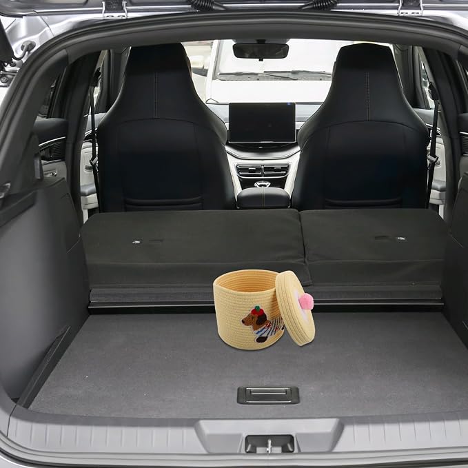 Unomor Cute Puppy Basket Car Storage Bin with Lid, Woven Cotton Rope Organizer for Dog and Pet Supplies, Dustproof Yellow Cover 22x19cm for Vehicle Interior