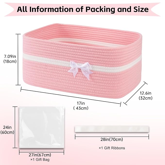 OIAHOMY Large Woven Storage Basket with Handles for Nursery Living Room Shelves, Bow Basket for Gifts Empty with Gift Bags and Ribbons for Baby Showers Pet Toy Bin - Pink, 19L