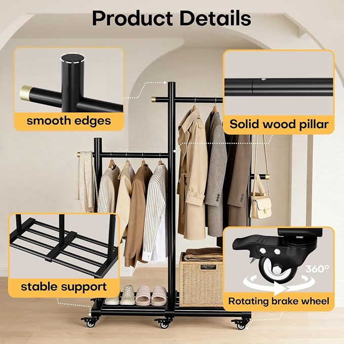Wooden Clothing Rack, Double Pole Clothes Rack with 4 Hooks & 6 Wheels | Long and Short Clothing Section Design, Load Capacity 360Ib, Garment Rack for Hats, Scarves, Trench Coats, and Shoes