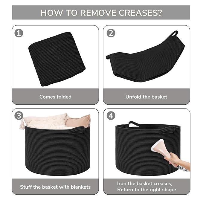 Goodpick Large Woven Dirty Clothes Basket for Nursery & Living Room, 85L | 21.7 x 21.7 x 13.8 In Storage Basket for Nursery, Blanket Basket for Towels Clothes, Black