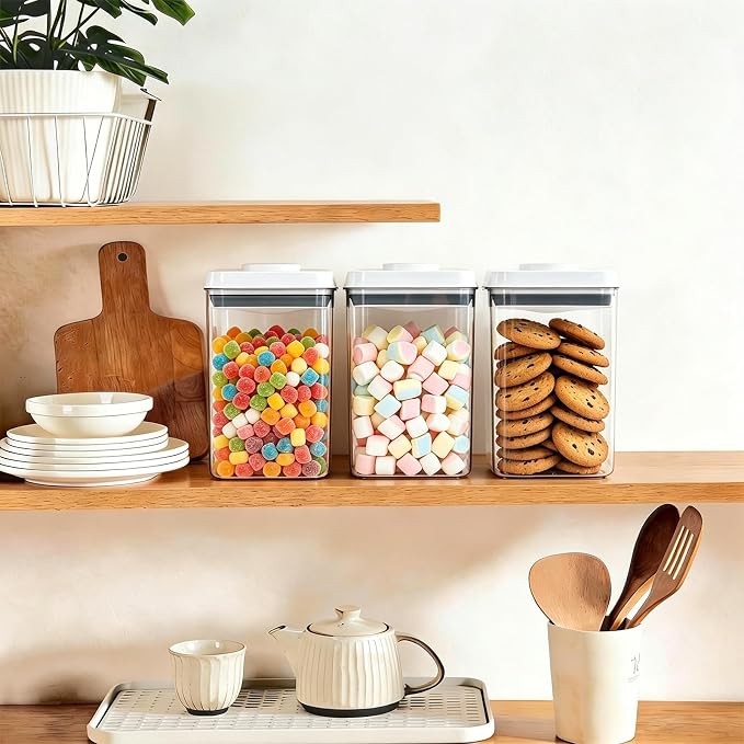 Pop Push Button Airtight Food Storage Containers 3 Pack (1.8Qt) | BPA-Free Stackable Rectangular Canisters for Coffee Beans, Snacks, Cereal, Grains, Dry Food