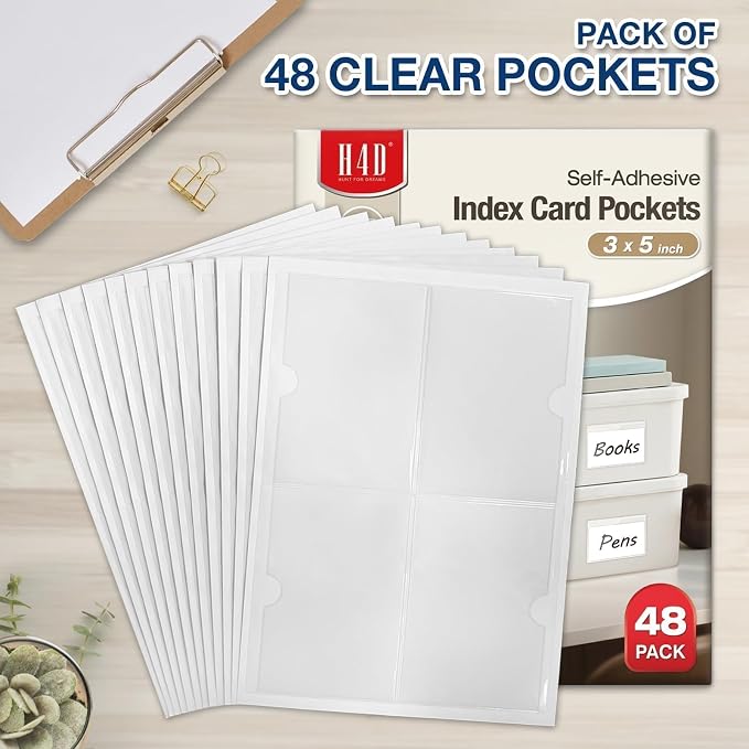 H4D 48 Pack labels for Storage Bins, 3" x 5" Plastic Clear Adhesive Pockets | Top-Open Index Card Holder, Waterproof & Removable Labels for Storage Bins, Totes, Containers, Shelves & Library Organization