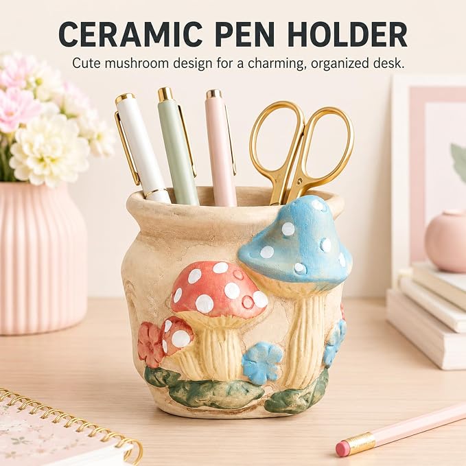 Ceramic Mushroom Shaped Pen Pencil Holder for Desk Decoration Accessories Mushroomb Decor Makeup Brush Pen Cups Office School Ideal Gifts for Women, Mom or Birthdays