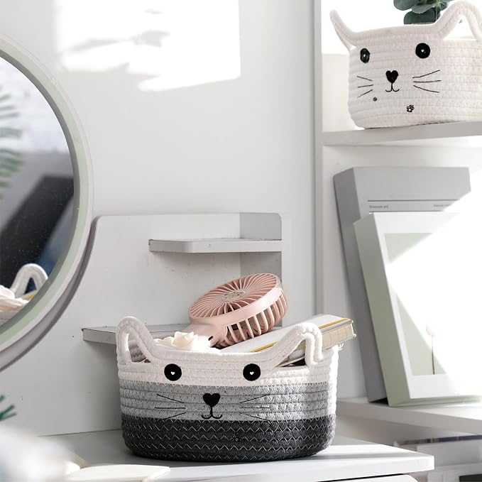 Zopeal Cat Woven Gift Basket Storage,8.3 x 4.7 Inch,Dark Gradient | Cute Cotton Rope Organizer with Handles for Toy Box, Nursery Decor, Decorative Bin, Pet Supplies Holder, Desk Storage