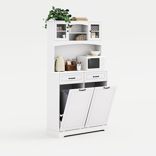 2 X 13 Gallons Double Tilt Out Trash Can Cabinet with Deodorizing Function and Power Outlet, 71" Tall Kitchen Pantry Storage Cabinet with 2 Drawers & Hutch, Freestanding Recycling for Kitchen, White