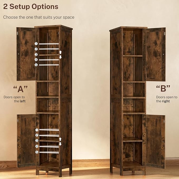 TEENFON 67" Tall Bathroom Cabinet with 2 Adjustable Shelves and 2 Doors, Narrow Bathroom Storage Cabinet for Small Space, Living Room, Entryway, Kitchen, Rustic Brown